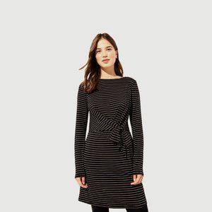 LOFT STRIPED CUFFED TIE WAIST DRESS, SMALL, BLACK